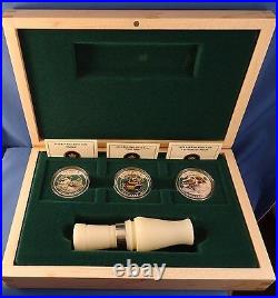 Ducks of Canada 3-coin Pure Silver Color Proof Set + Duck Call & Hardwood Case