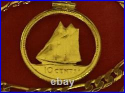 Golden Canada sailing ship dime coin pendant 22 18kgf Sterling chain & bezel