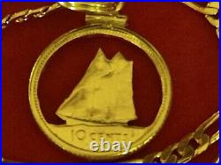 Golden Canada sailing ship dime coin pendant 22 18kgf Sterling chain & bezel