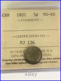 Holy Grail Of Canadian Coins. Iccs Graded Vg-10 Canada 1921 5 Cents Silver Coin