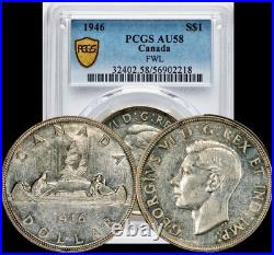 Key Date 1946 Canada George VI Full Water Line Silver Dollar Coin PCGS AU58 FWL