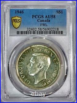 Key Date 1946 Canada George VI Full Water Line Silver Dollar Coin PCGS AU58 FWL