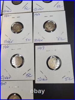 Lot of 19 Silver 0.925 Canadian 10 Cent Coins 1902-1920 Circulated