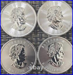 Lot of 4 Canada Silver 5 Dollar Maple Leaf Coins 1 oz. 2014, 2017 Uncirculated