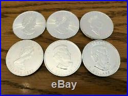 Lot of six Canadian maple leaf 1 oz silver coins (total 6 oz. 9999 pure silver)