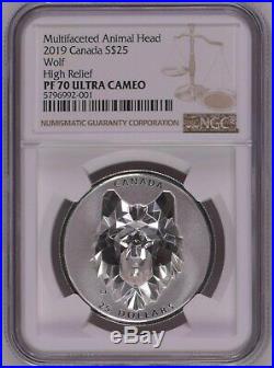 NGC PF70 Canada 2019 Multifaceted Animal Head Wolf Silver Coin 25 Dollars 1oz