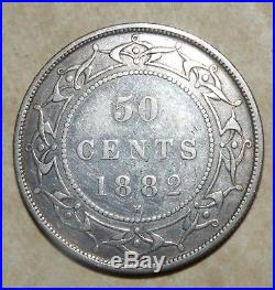 Newfoundland 1882 H 50 Cents Silver Rare 100,000 Minted Coin Canada Antique Lot