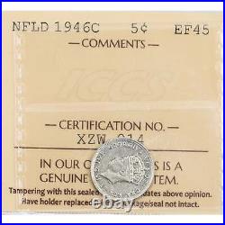 Newfoundland 1946-C 5 Cents Silver Coin ICCS EF-45