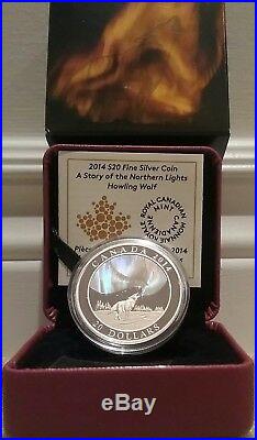 Northern Lights Howling Wolf $20 2014 1OZ Pure Silver Proof Coin Canada