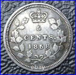 OLD CANADIAN COIN 1858 LARGE DATE 5 CENTS. 925 SILVER- Victoria HIGH GRADE