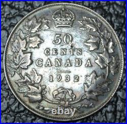 OLD CANADIAN COIN 1932 50 CENTS. 800 SILVER George V TONED KEY DATE