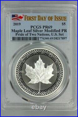 Pcgs Pr69 Fdoi 2019 Rev Pf Silver Eagle & Canada Maple Pride Of Two Nations Set
