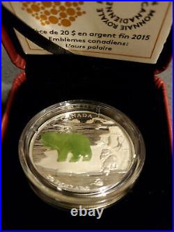 Rare Limited Proof Silver Canadian Icons Polar Bear Jade Inlay 2015 1 Oz Coin