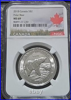 Royal Canadian Mint 2018 $2 Polar Bear 1/2 oz. 9999 Silver NGC MS 69
